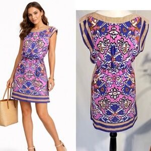 NWT LOFT Pink Purple Geometric Floral Print Dress Cap Sleeve Cinch Waist~S💚